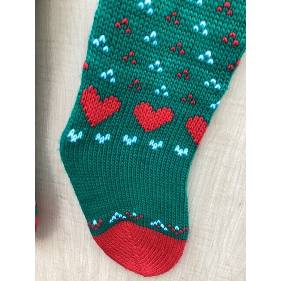 Set of 2 Matching Vintage Knit Christmas Stockings Red White Green Hearts Design - Picture 8 of 8